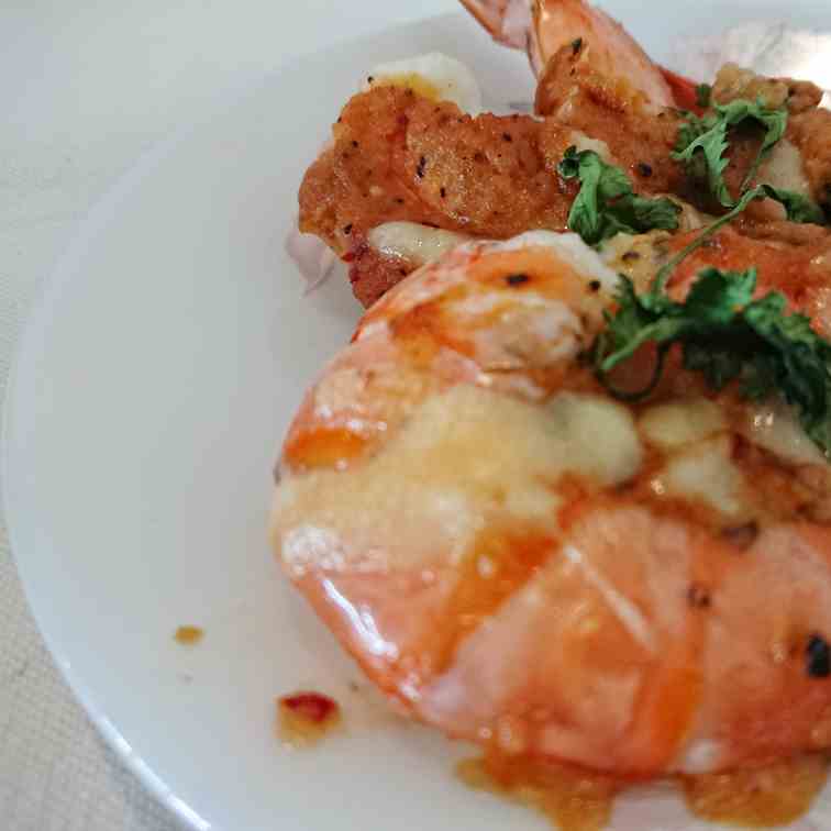 Tiger prawns baked in tomatoes and cheese