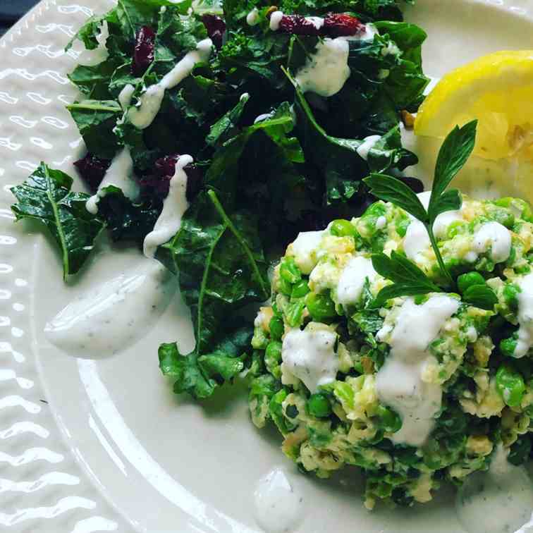 Pea, Chickpea, - Feta Mash with Kale Salad
