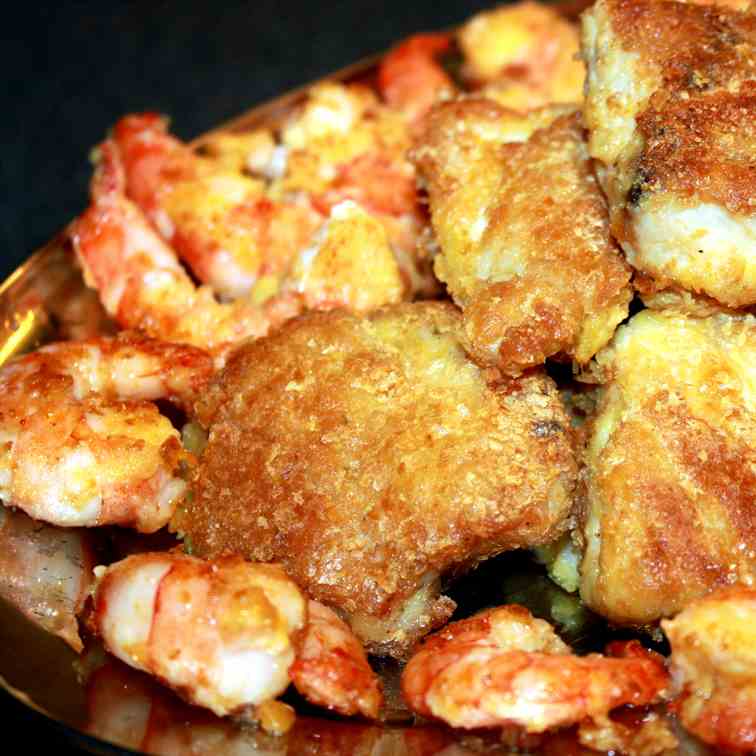 Sole and Prawns in a Potato flakes crust