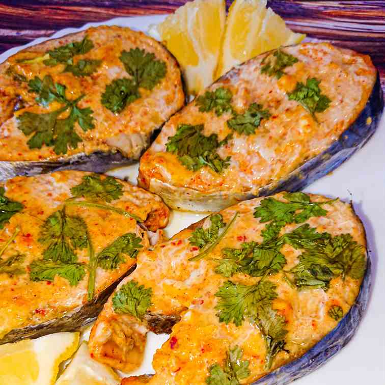 Slow-baked fish with lemon mustard glaze